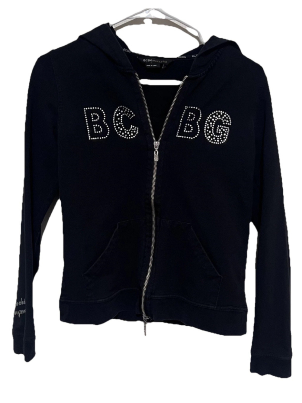 BCBG Max Azria Y2K Rhinestone Hoodie Jacket Women’s Medium Black Silver Zip